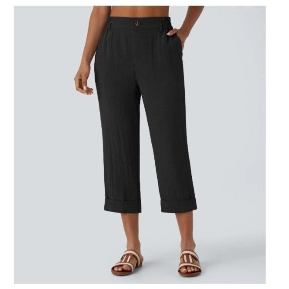 Halara Black High Waisted Linen-Feel Cropped Pants Womens XL Coastal Minimalist
